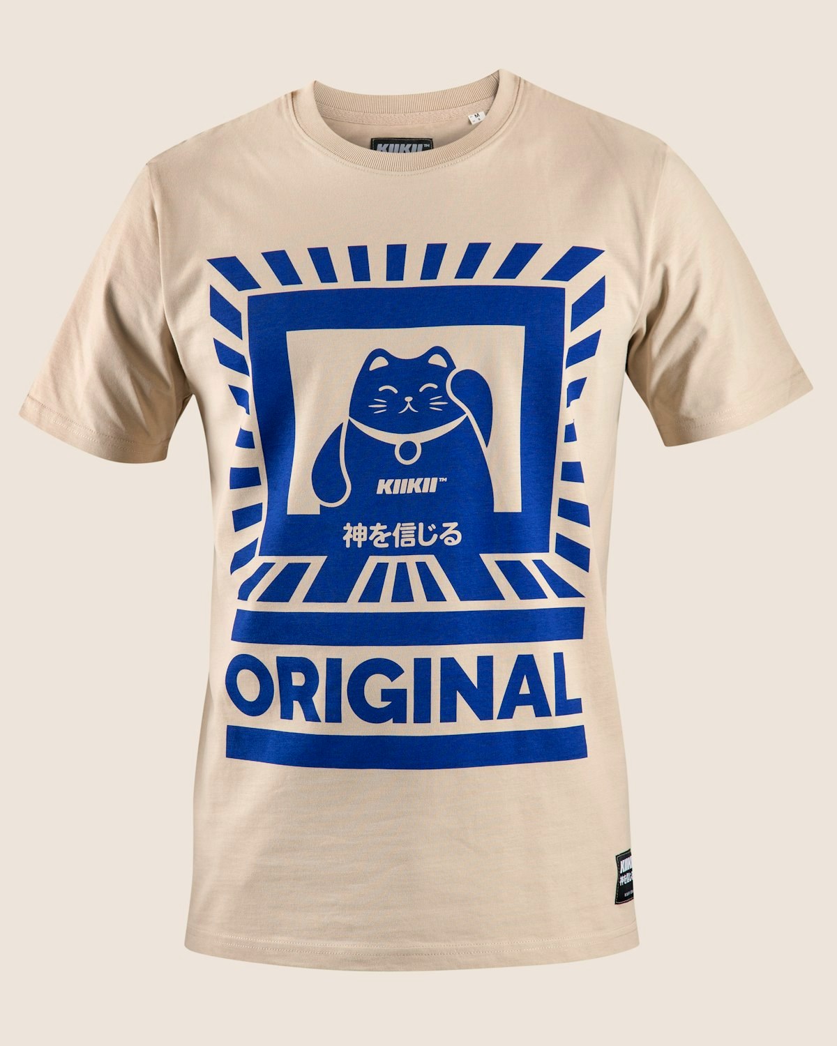 A relaxed-fit graphic t-shirt with a lucky-cat print, worn as a product shot