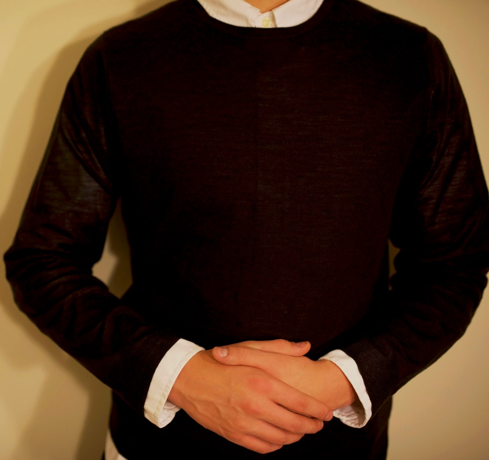 A fine crewneck knit worn over a white collared shirt, torso view